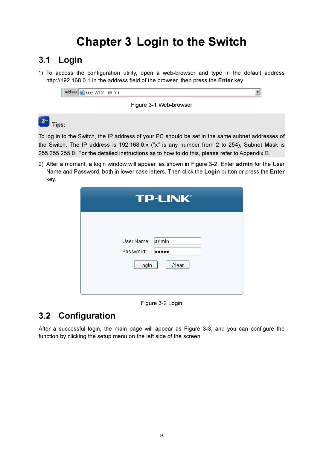 TP-Link TL-SL5428E manual Login to the Switch, Configuration 