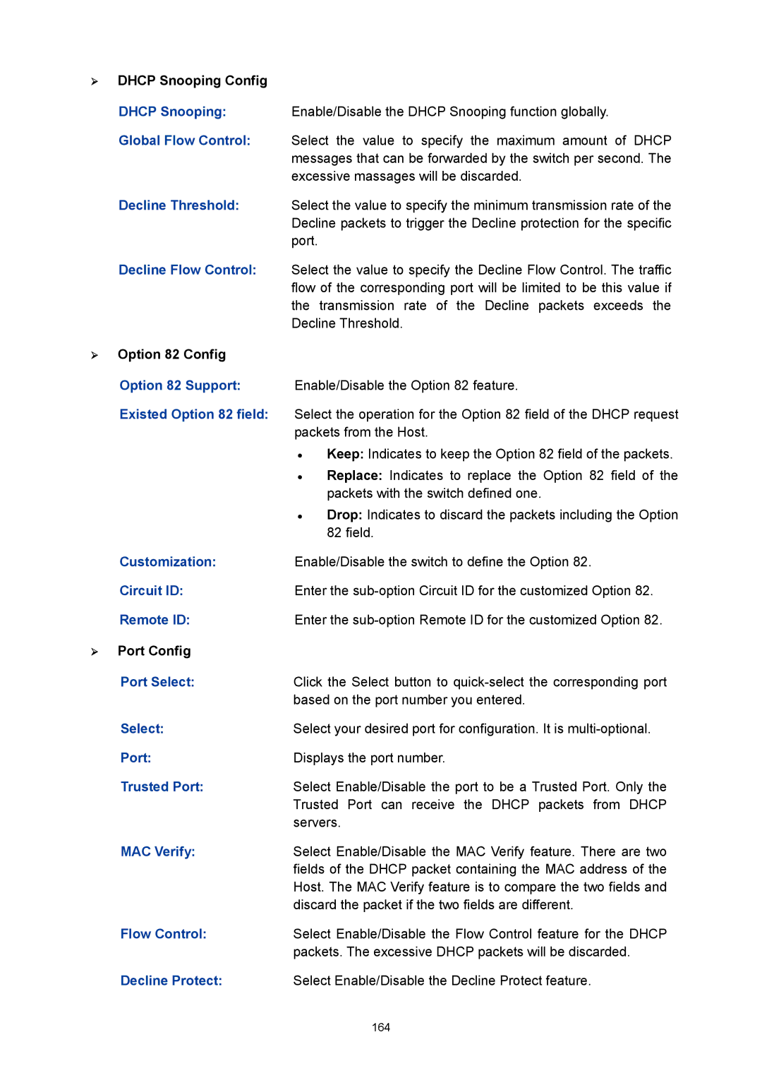 TP-Link TL-SL5428E manual Decline Threshold Decline Flow Control, ¾ Option 82 Config, Customization Circuit ID Remote ID 