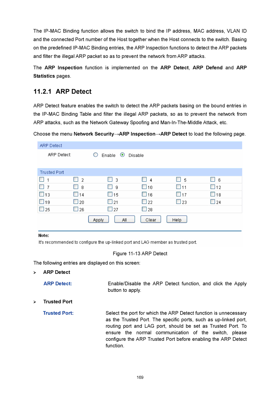 TP-Link TL-SL5428E manual ¾ ARP Detect, ¾ Trusted Port 