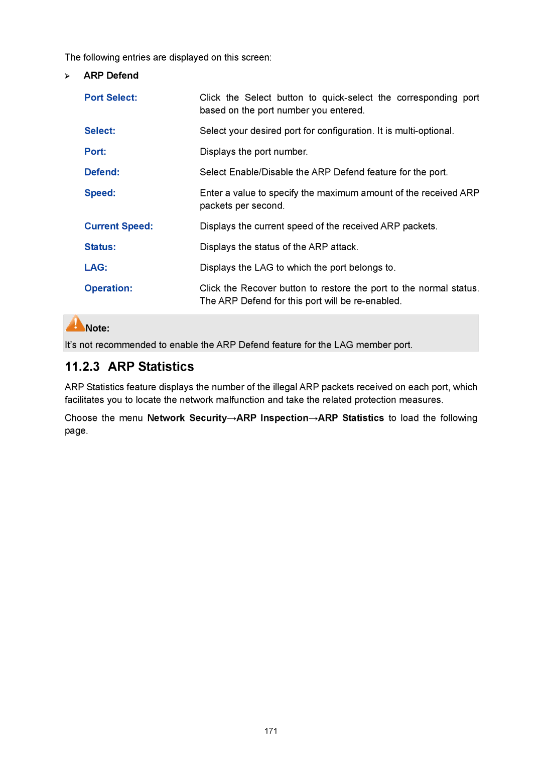 TP-Link TL-SL5428E manual ARP Statistics, ¾ ARP Defend, Current Speed 