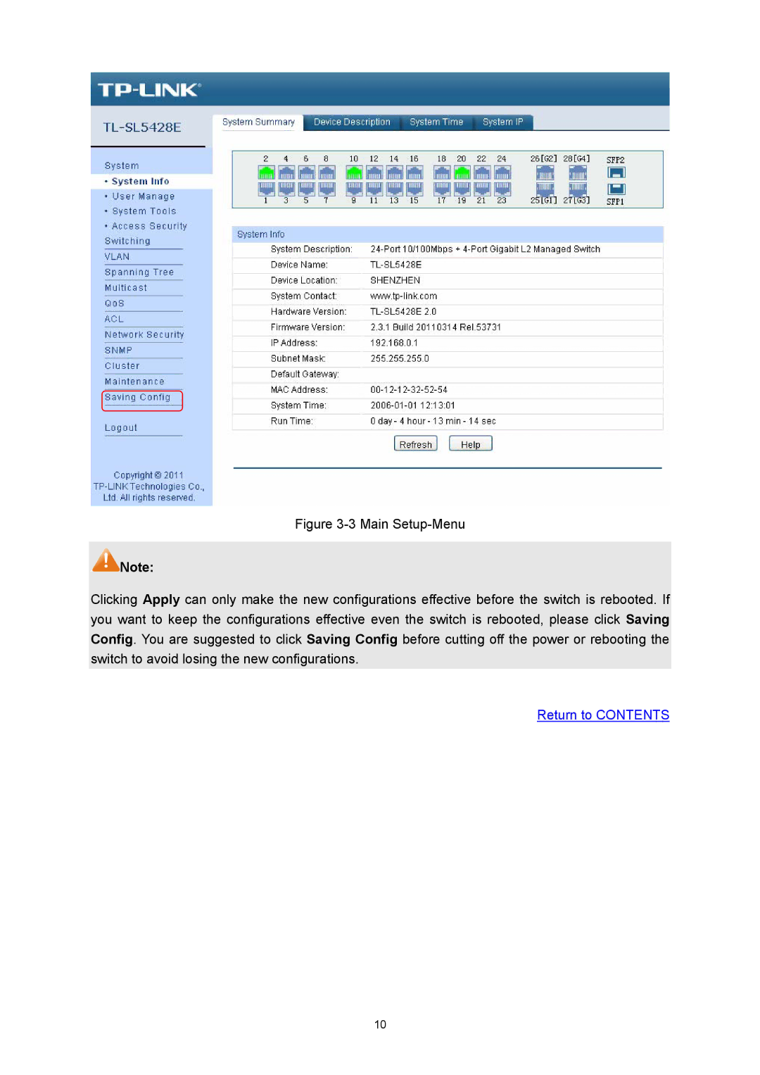 TP-Link TL-SL5428E manual Return to Contents 