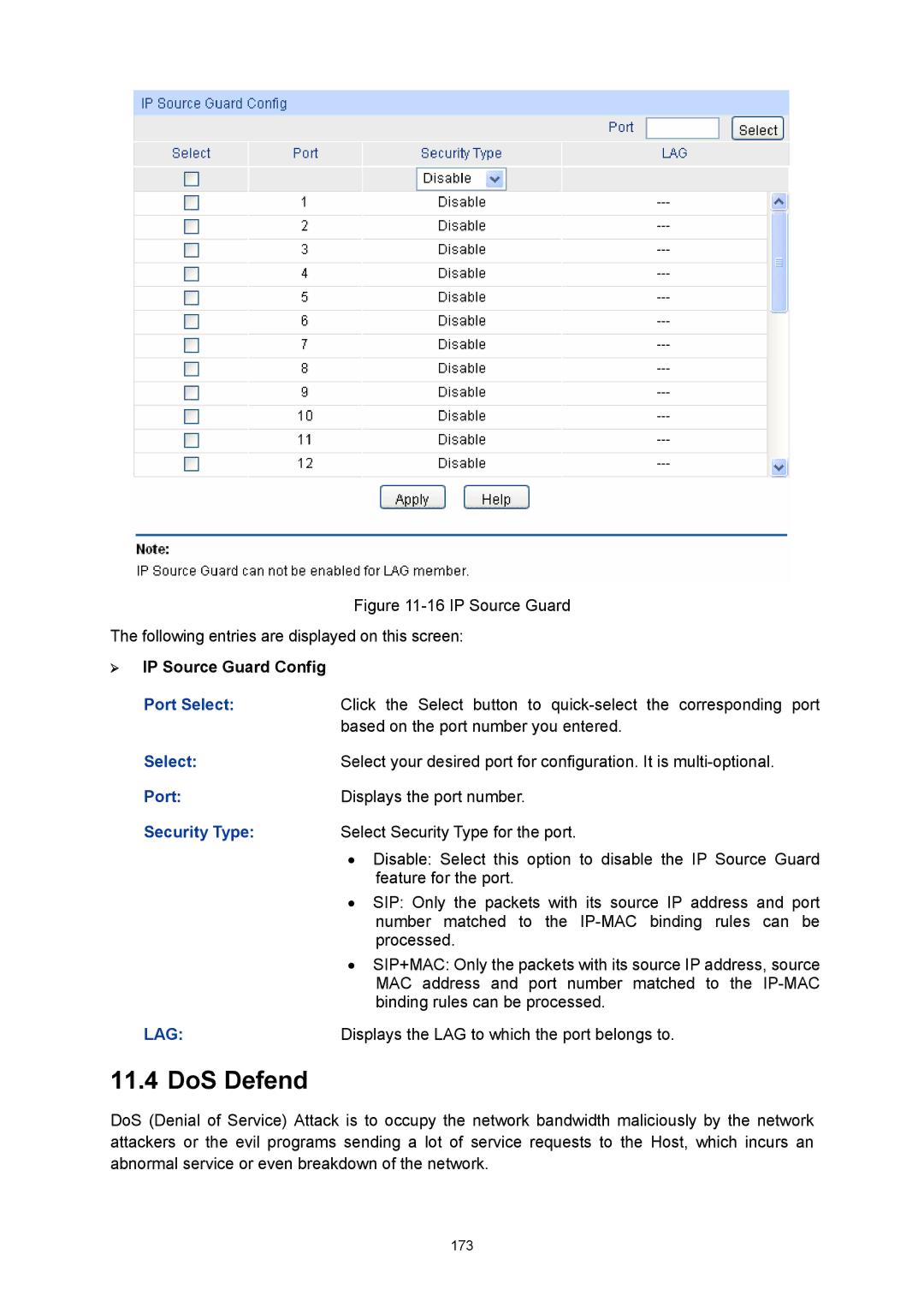 TP-Link TL-SL5428E manual DoS Defend, ¾ IP Source Guard Config 