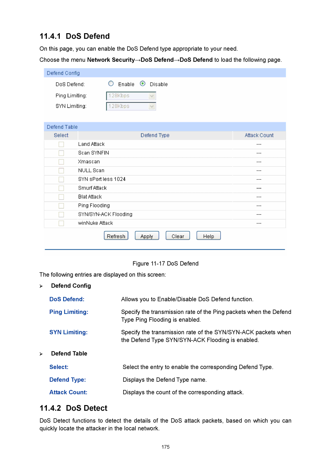 TP-Link TL-SL5428E manual DoS Defend, DoS Detect 