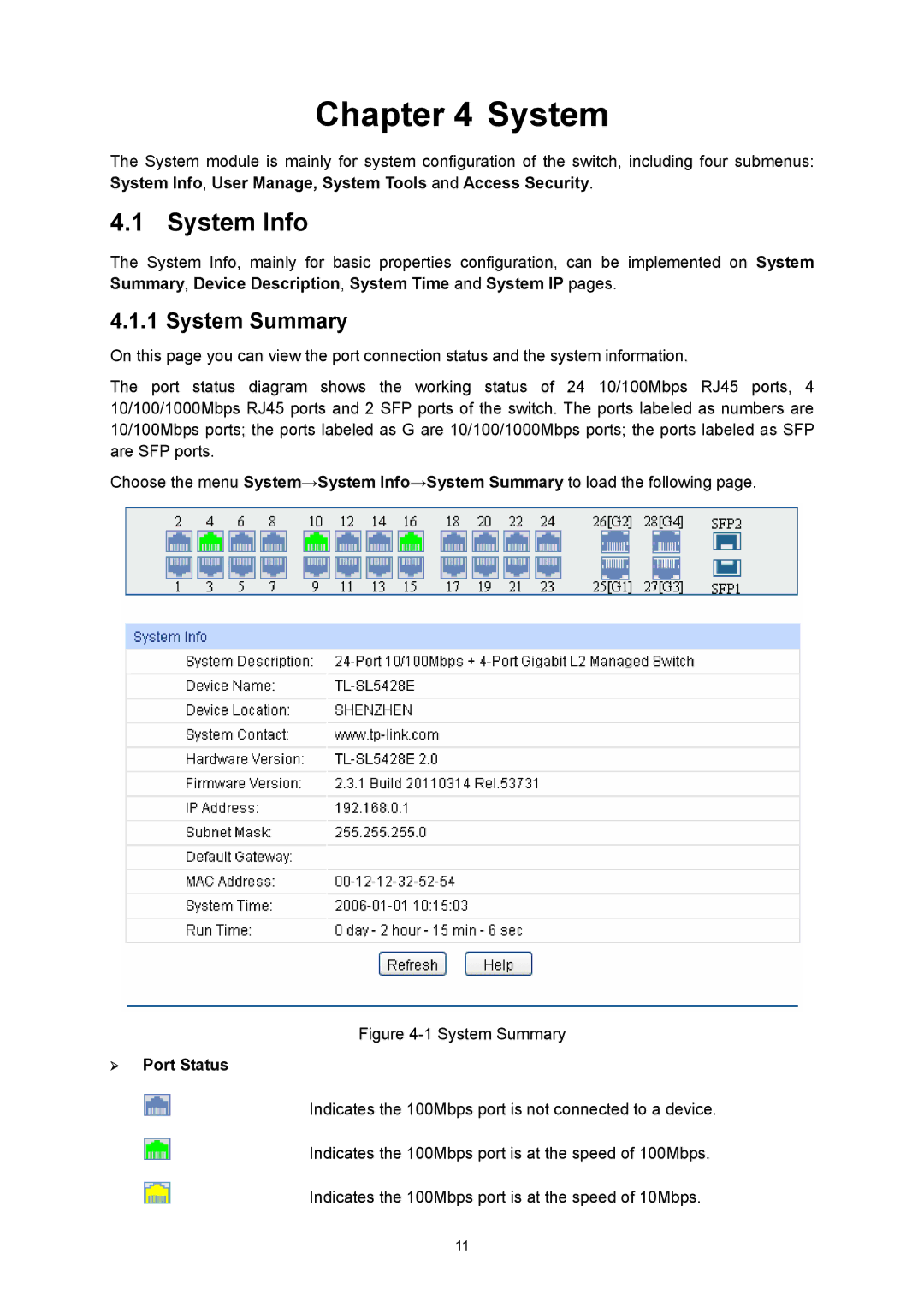 TP-Link TL-SL5428E manual System Info, System Summary, ¾ Port Status 