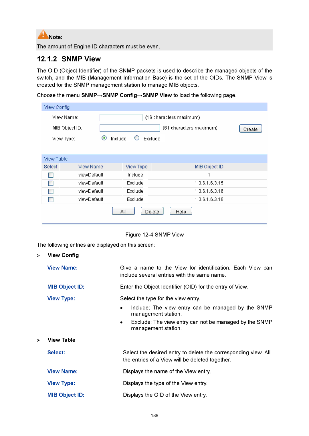 TP-Link TL-SL5428E manual Snmp View, MIB Object ID, View Type, View Name 