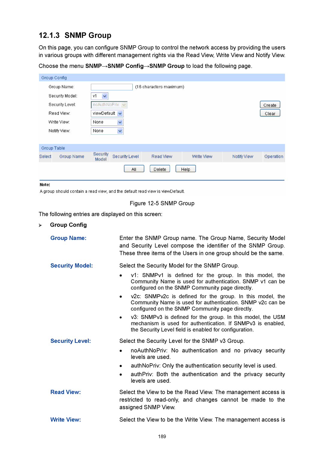 TP-Link TL-SL5428E manual Snmp Group, ¾ Group Config 