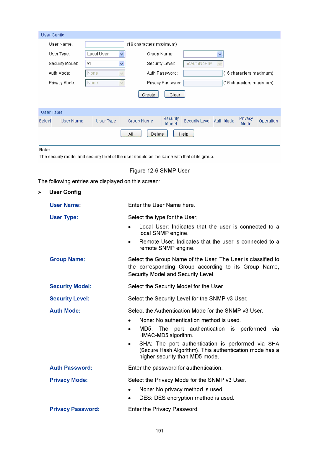 TP-Link TL-SL5428E manual User Name, User Type, Group Name, Security Model, Security Level, Auth Mode, Auth Password 