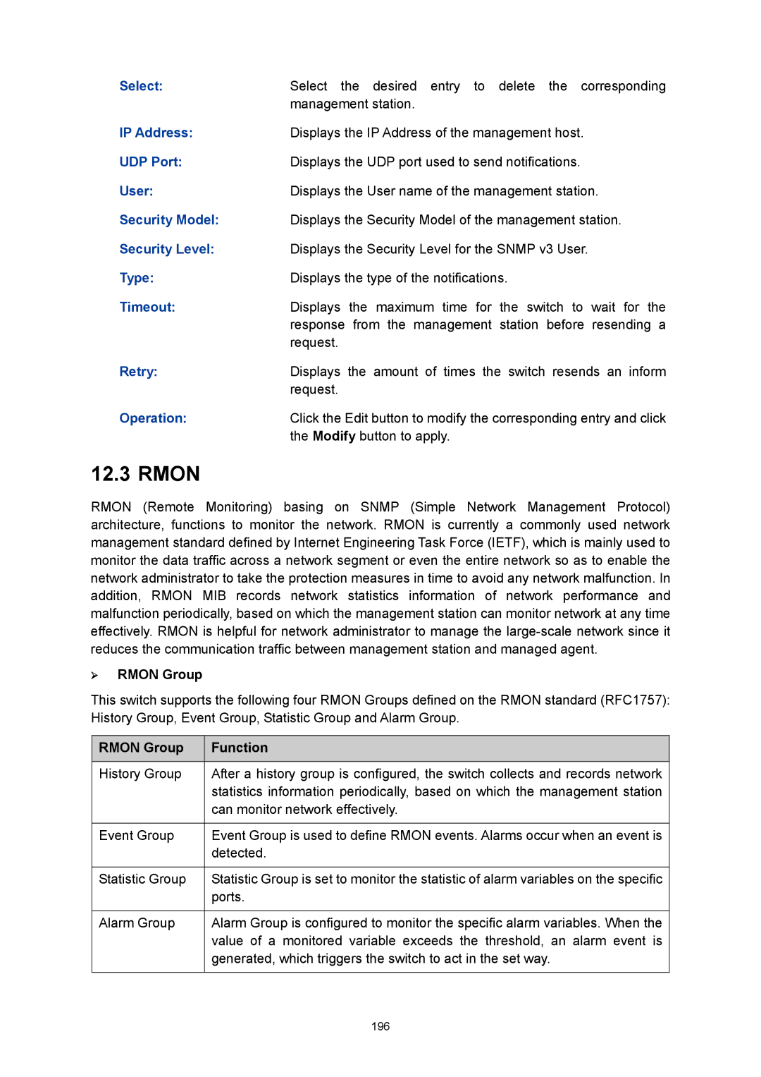 TP-Link TL-SL5428E manual ¾ Rmon Group, Rmon Group Function 