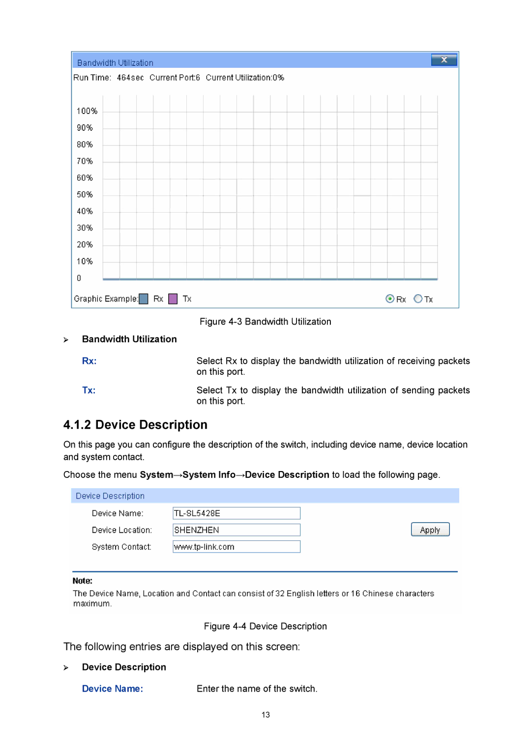 TP-Link TL-SL5428E manual ¾ Bandwidth Utilization, ¾ Device Description 