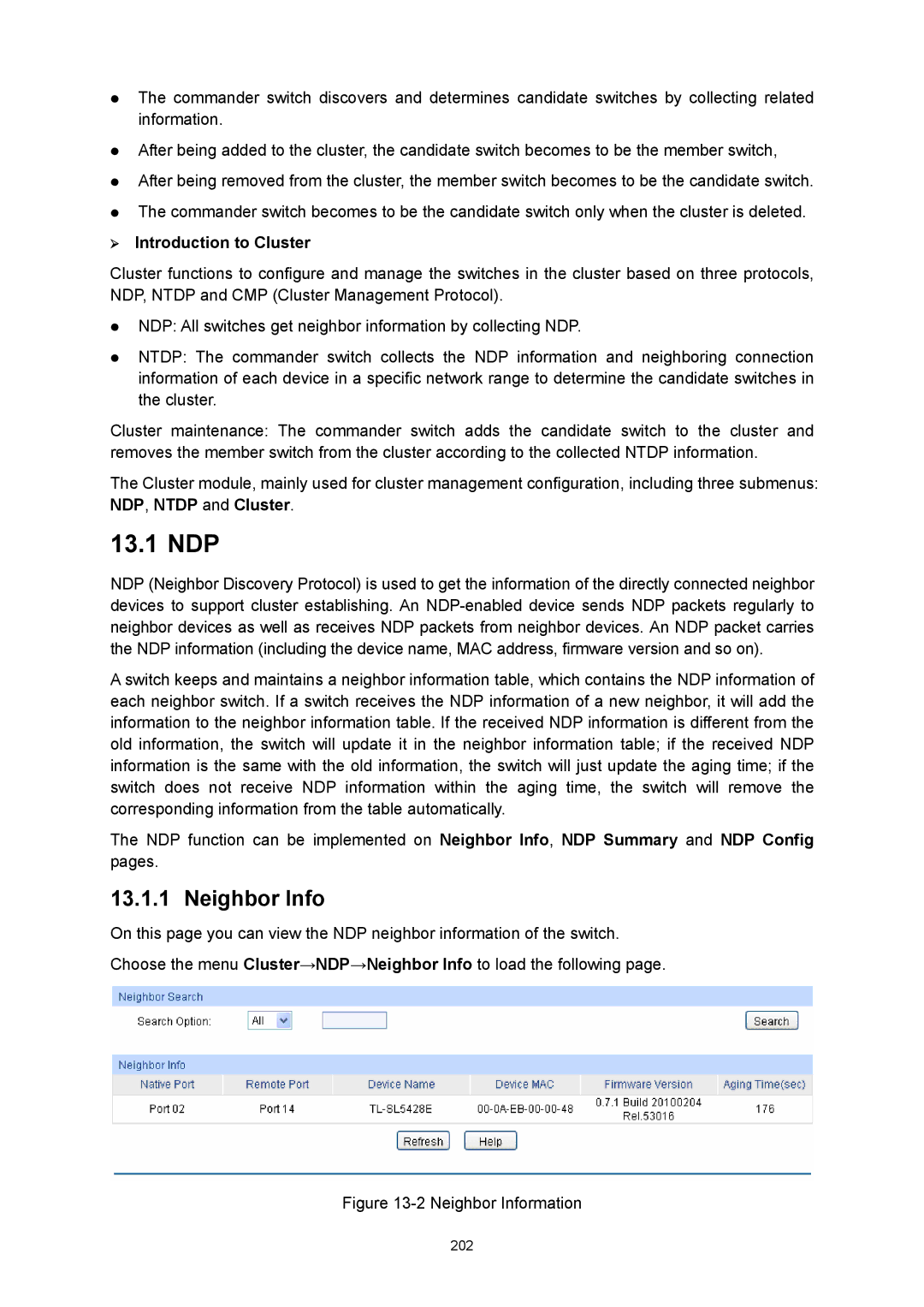 TP-Link TL-SL5428E manual 13.1 NDP, Neighbor Info, ¾ Introduction to Cluster 