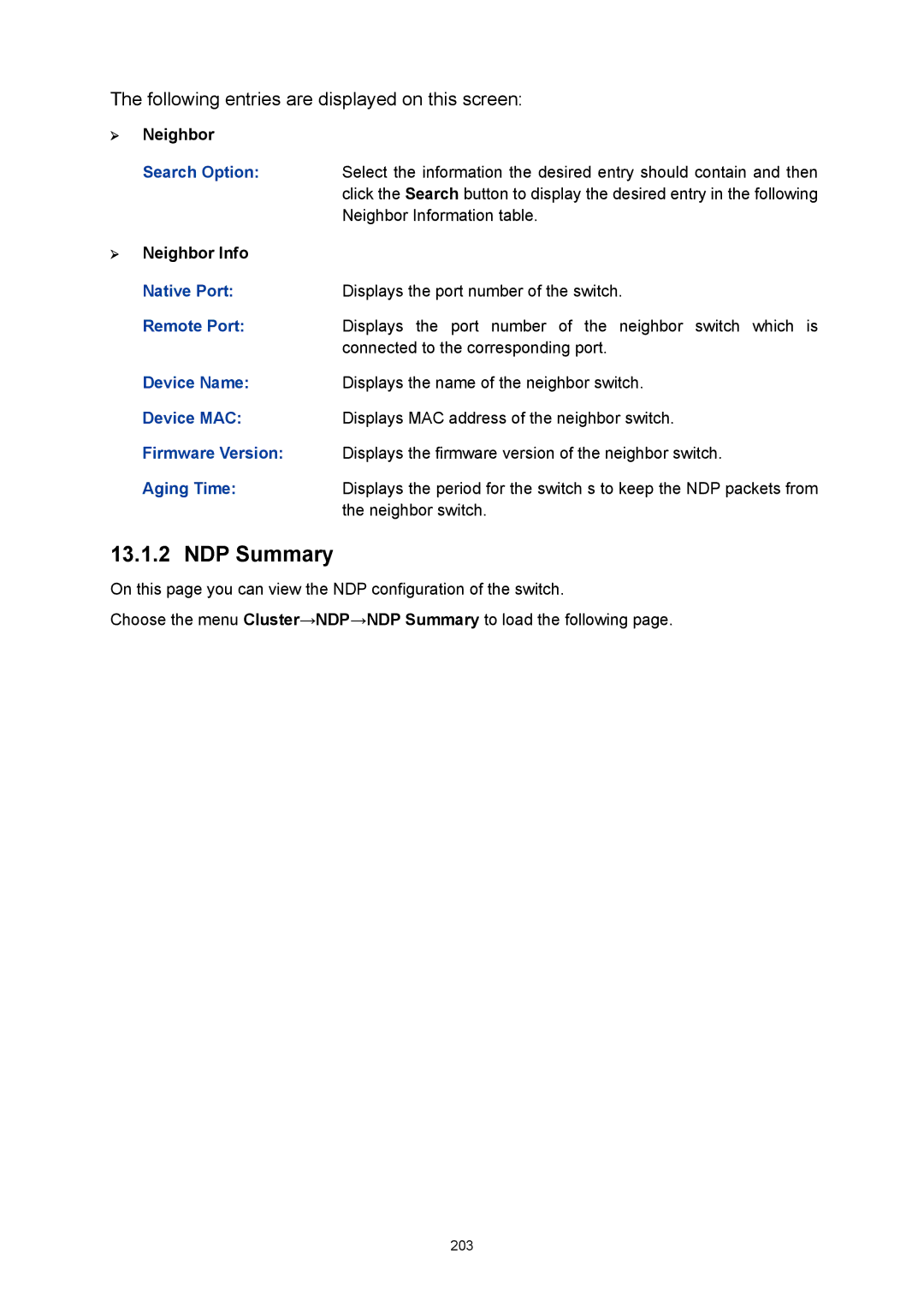 TP-Link TL-SL5428E manual NDP Summary, ¾ Neighbor Info 