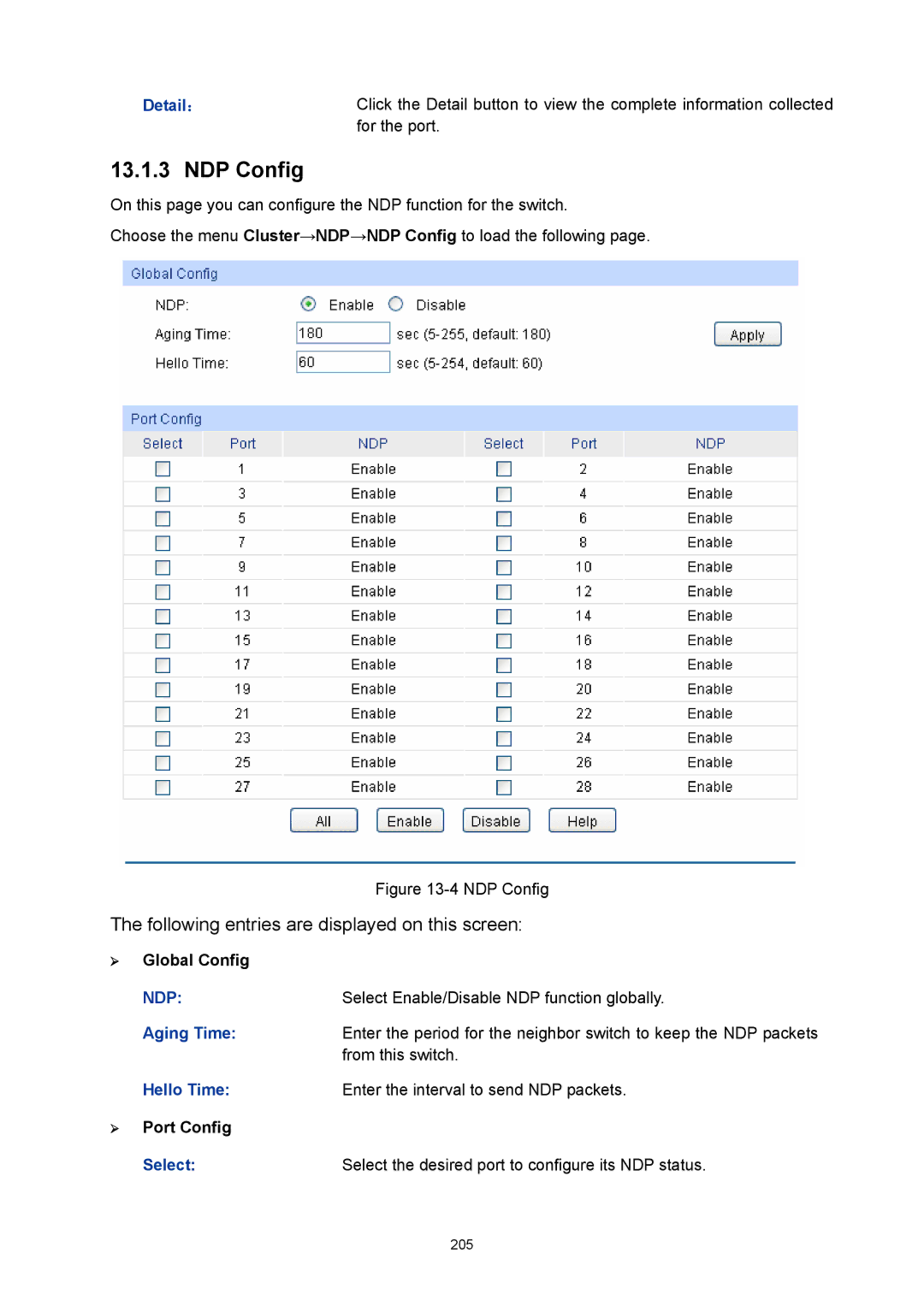 TP-Link TL-SL5428E manual NDP Config, Detail ：, Aging Time 