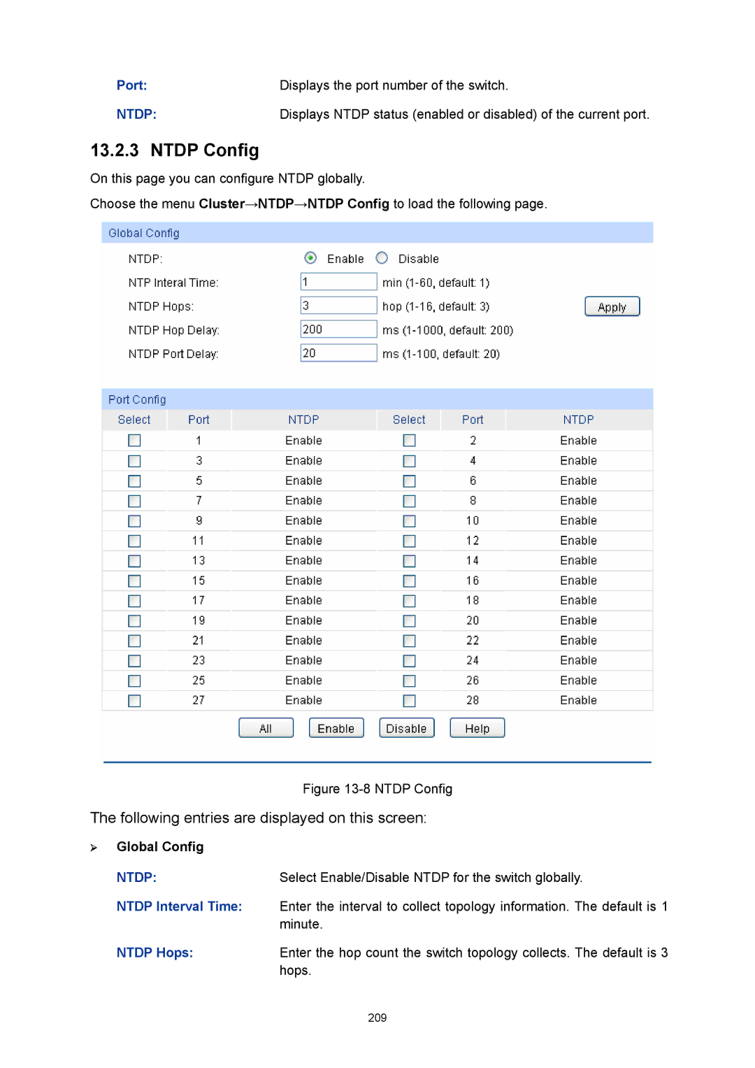 TP-Link TL-SL5428E manual Ntdp Config, Ntdp Interval Time, Ntdp Hops 