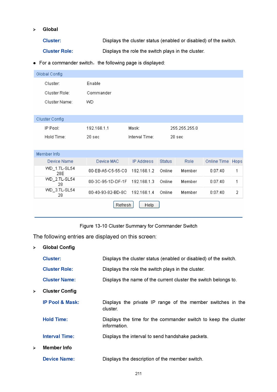 TP-Link TL-SL5428E manual ¾ Global Cluster, ¾ Global Config Cluster, ¾ Cluster Config, ¾ Member Info 