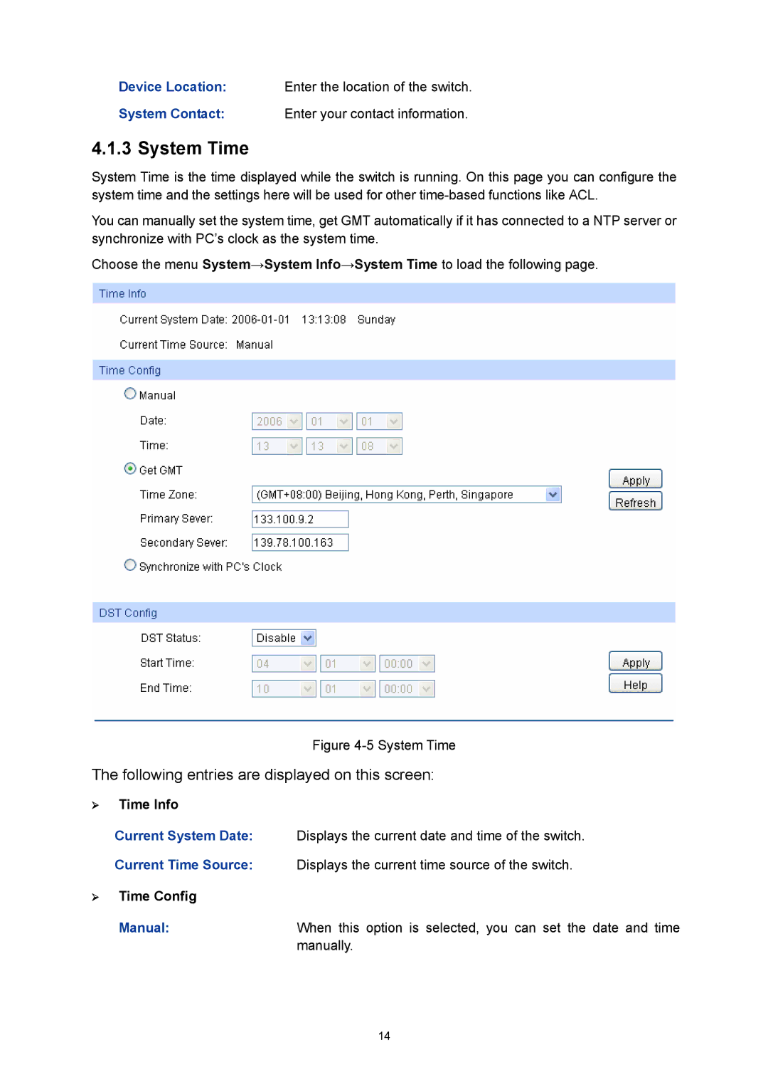 TP-Link TL-SL5428E manual System Time, ¾ Time Info, ¾ Time Config 