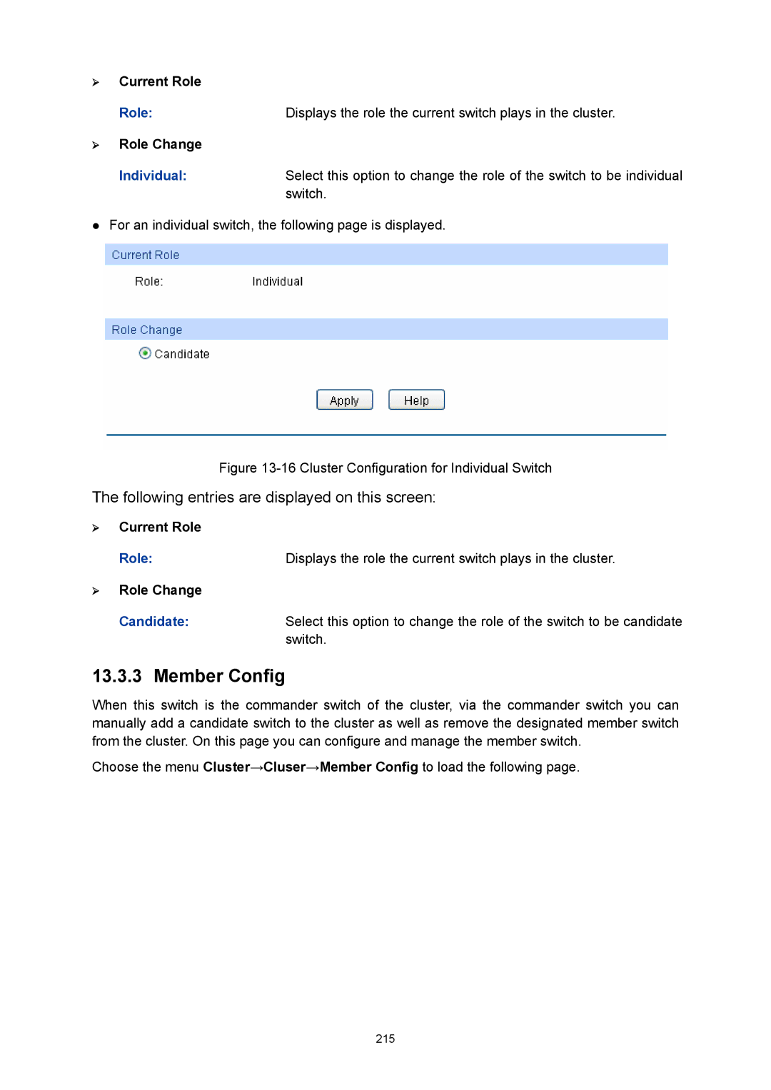 TP-Link TL-SL5428E manual Member Config, Cluster Configuration for Individual Switch 