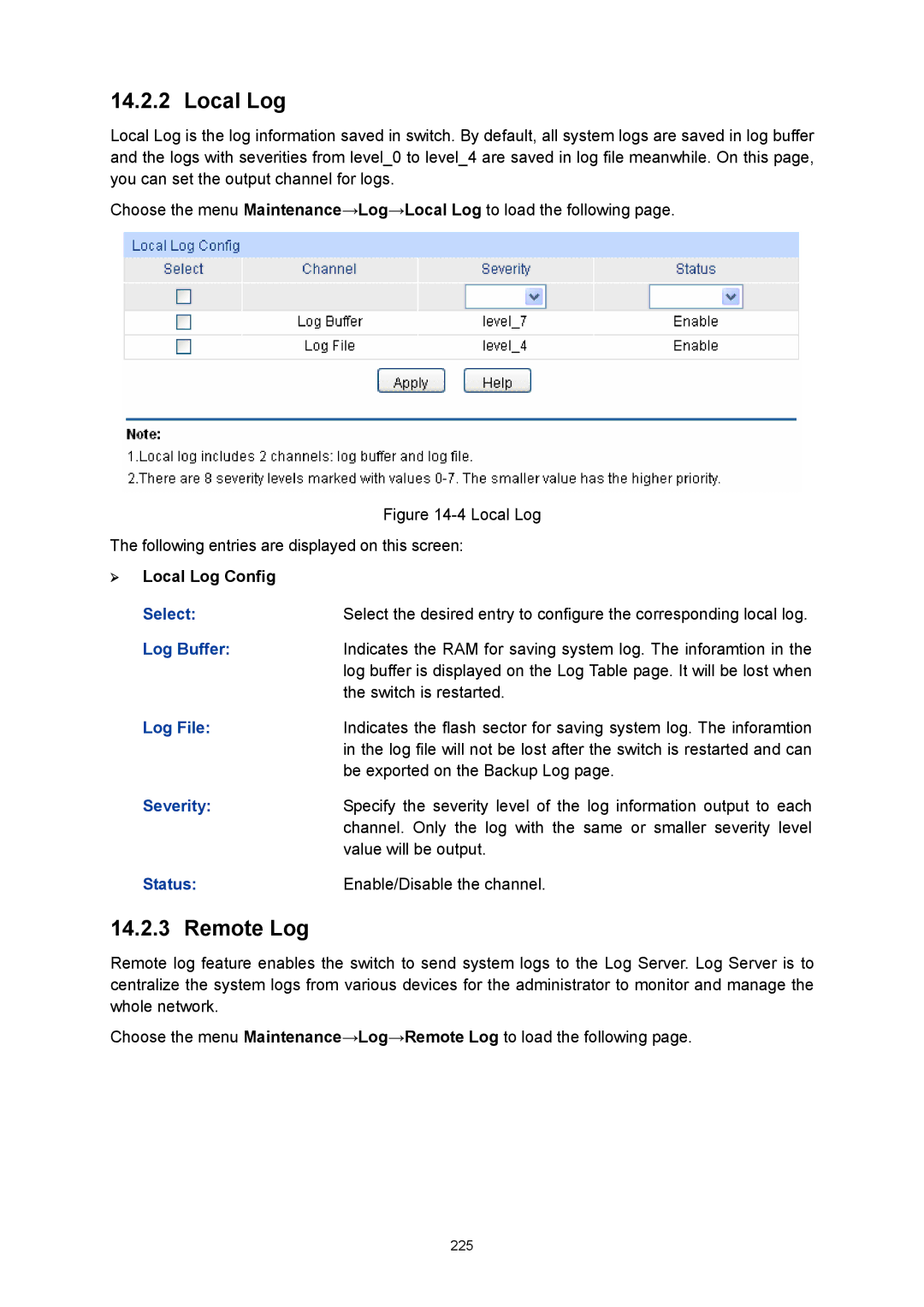 TP-Link TL-SL5428E manual Remote Log, ¾ Local Log Config, Log Buffer, Log File 