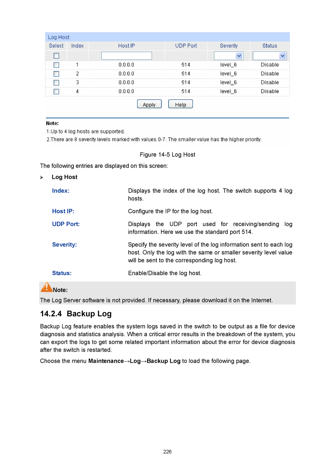 TP-Link TL-SL5428E manual Backup Log, ¾ Log Host, Host IP 