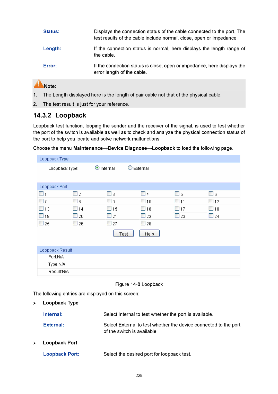 TP-Link TL-SL5428E manual Loopback, Length, Error, Switch is available 