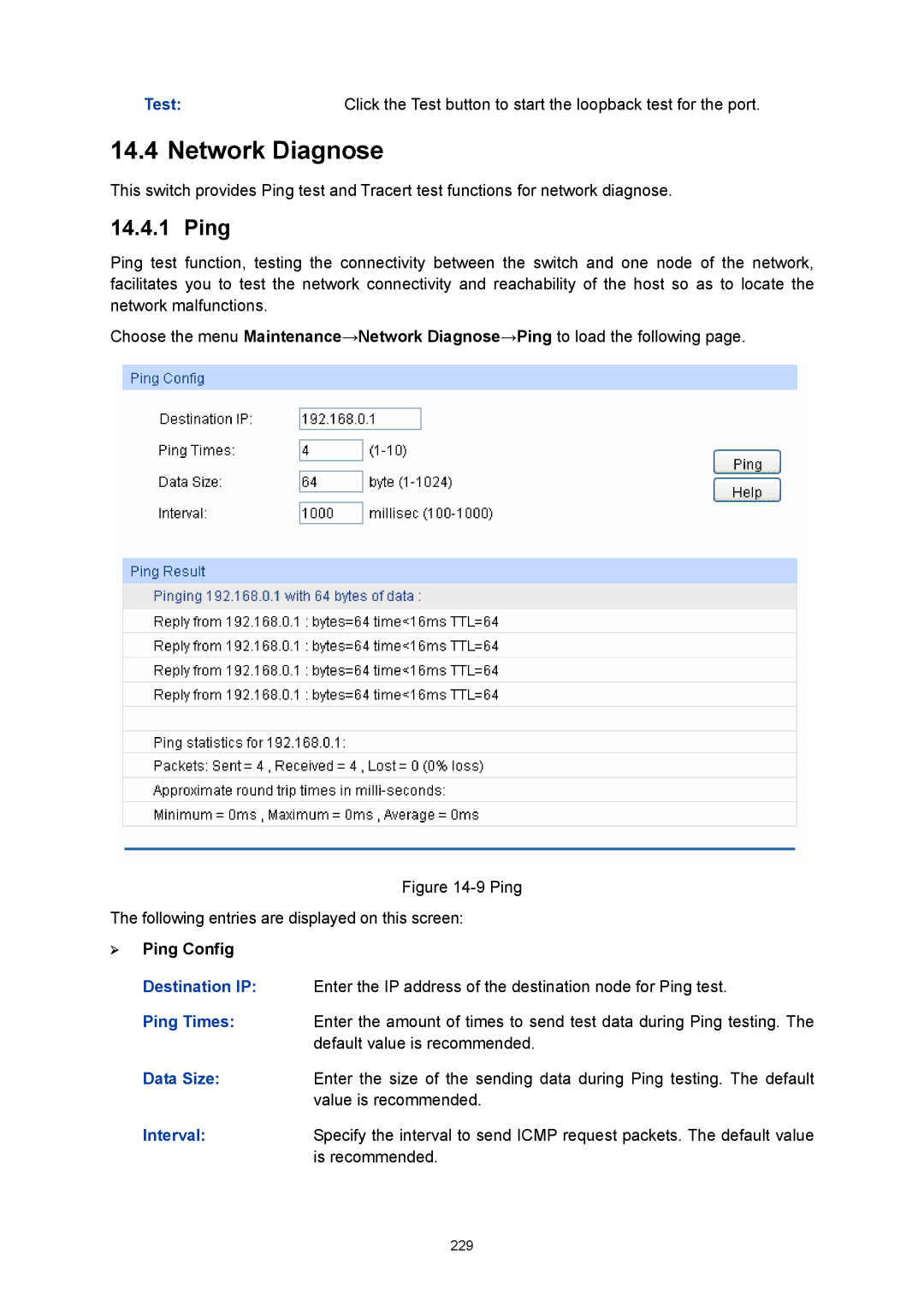 TP-Link TL-SL5428E manual Network Diagnose, Test, ¾ Ping Config 