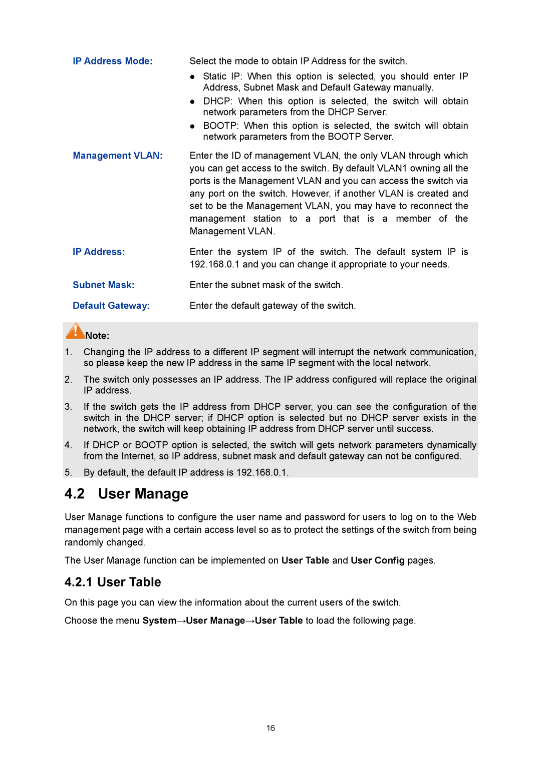 TP-Link TL-SL5428E manual User Manage, User Table 