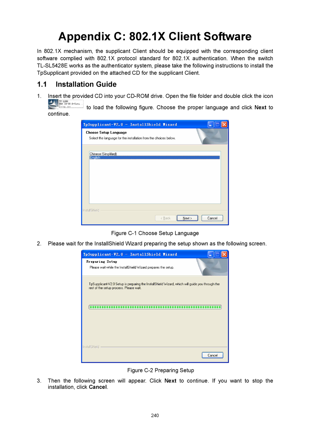 TP-Link TL-SL5428E manual Appendix C 802.1X Client Software, Installation Guide 