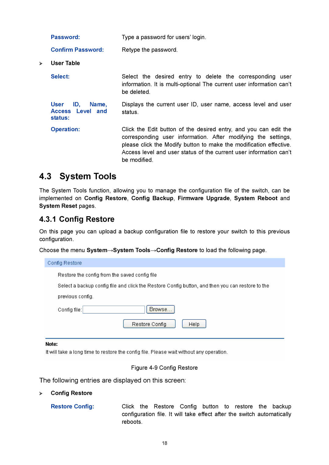 TP-Link TL-SL5428E manual System Tools, Config Restore, Confirm Password Retype the password 