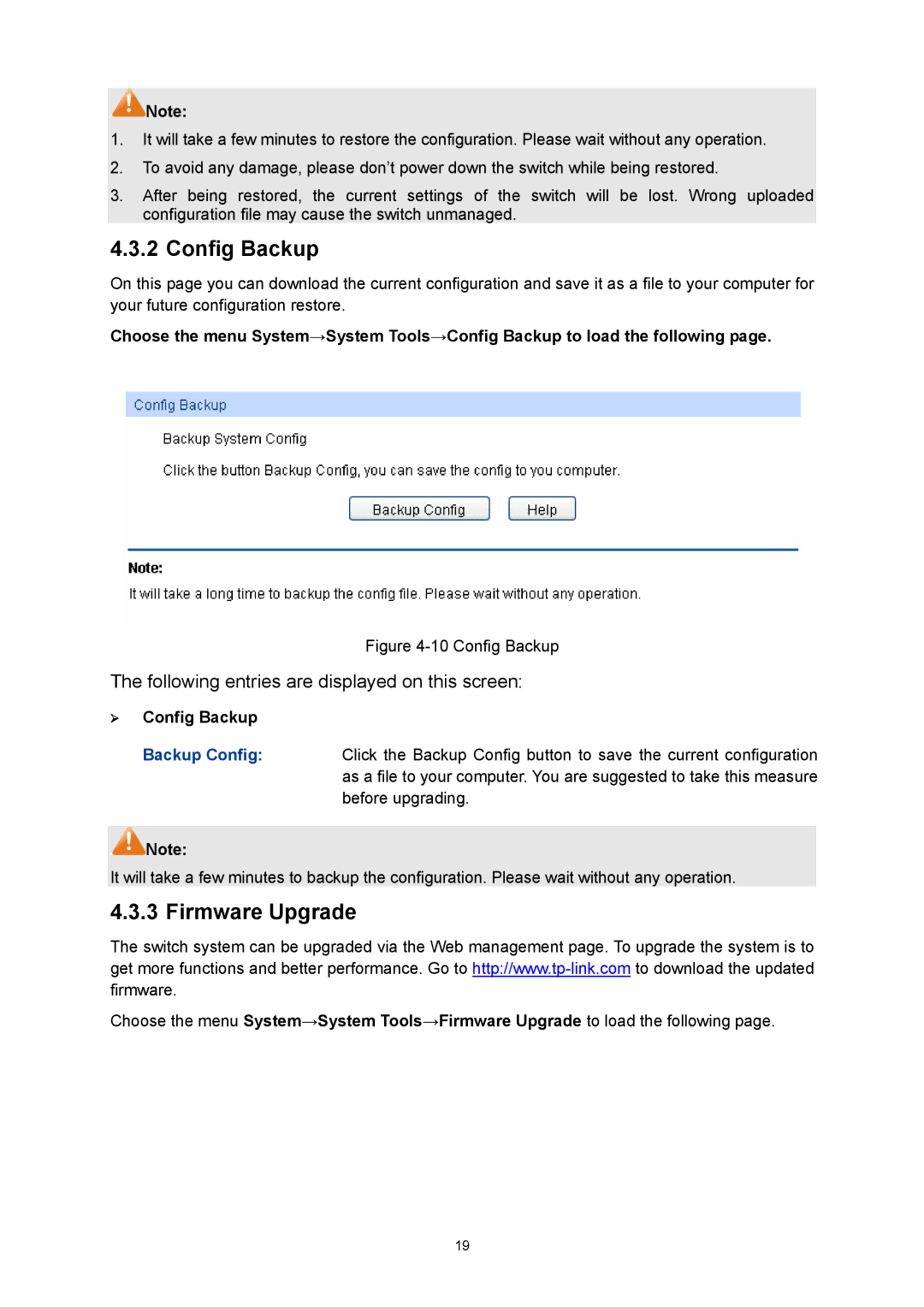 TP-Link TL-SL5428E manual Firmware Upgrade, ¾ Config Backup 