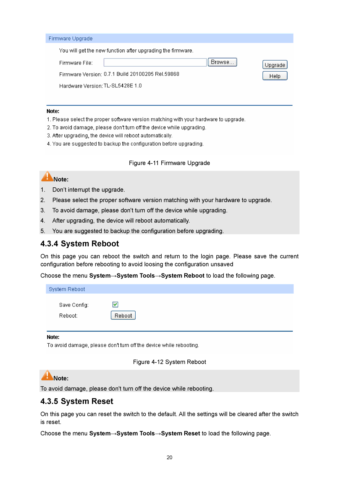 TP-Link TL-SL5428E manual System Reboot, System Reset 