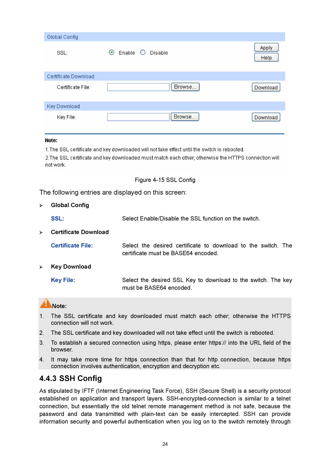 TP-Link TL-SL5428E manual SSH Config, ¾ Global Config, ¾ Certificate Download, ¾ Key Download, Key File 