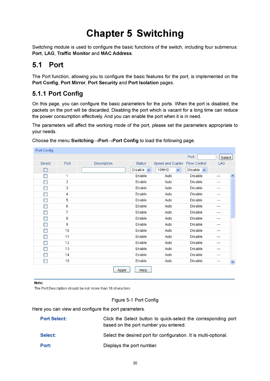 TP-Link TL-SL5428E manual Switching, Port Config, Port Select 