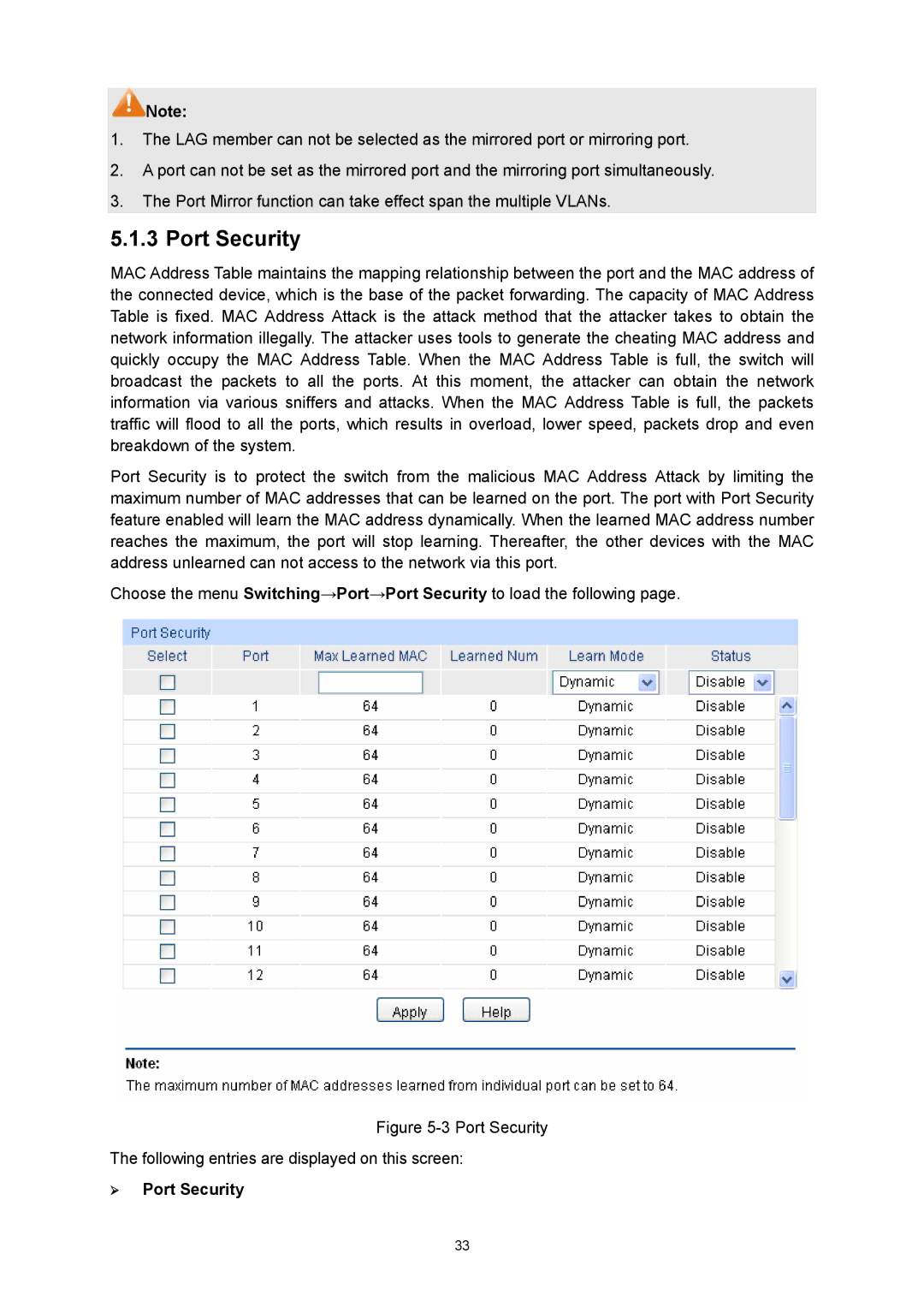 TP-Link TL-SL5428E manual ¾ Port Security 