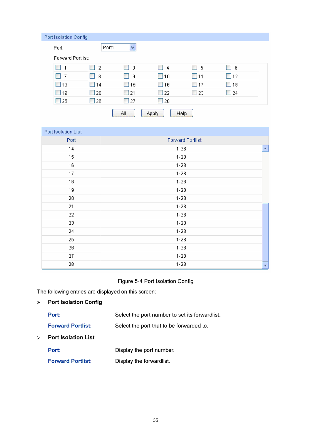 TP-Link TL-SL5428E manual ¾ Port Isolation Config, Forward Portlist Select the port that to be forwarded to 