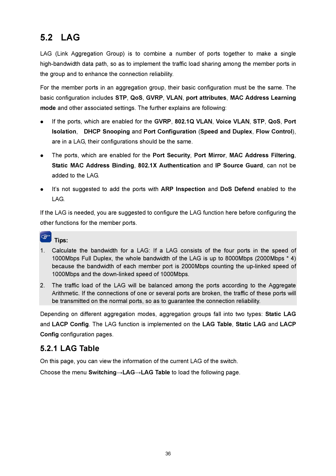 TP-Link TL-SL5428E manual Lag, LAG Table 