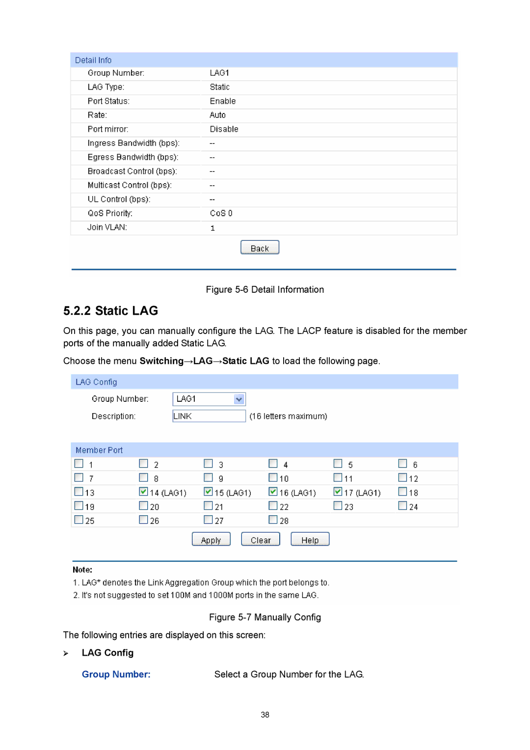 TP-Link TL-SL5428E manual Static LAG, ¾ LAG Config 