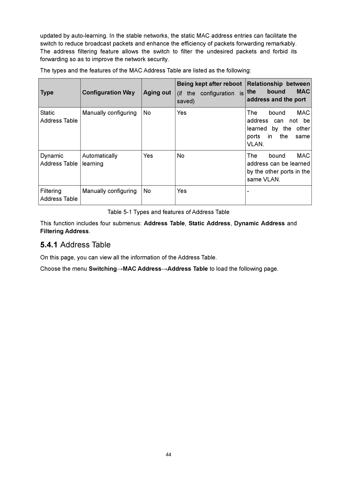 TP-Link TL-SL5428E manual Relationship, Type Configuration Way Aging out, Bound, Address and the port 