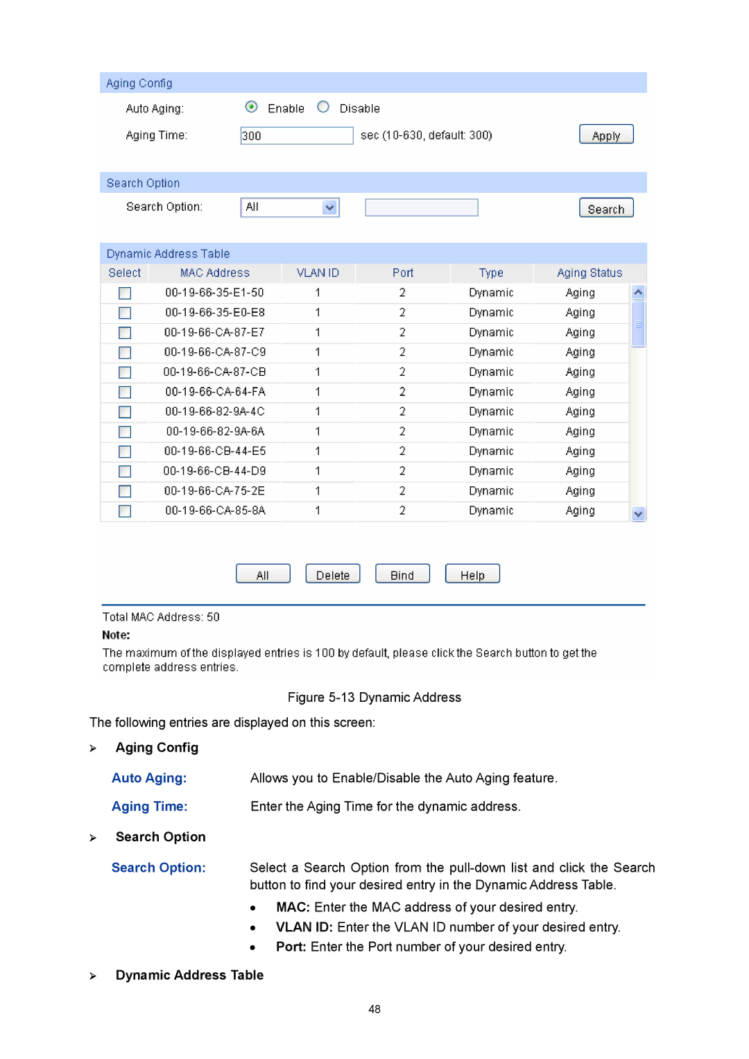 TP-Link TL-SL5428E manual ¾ Aging Config, ¾ Dynamic Address Table 