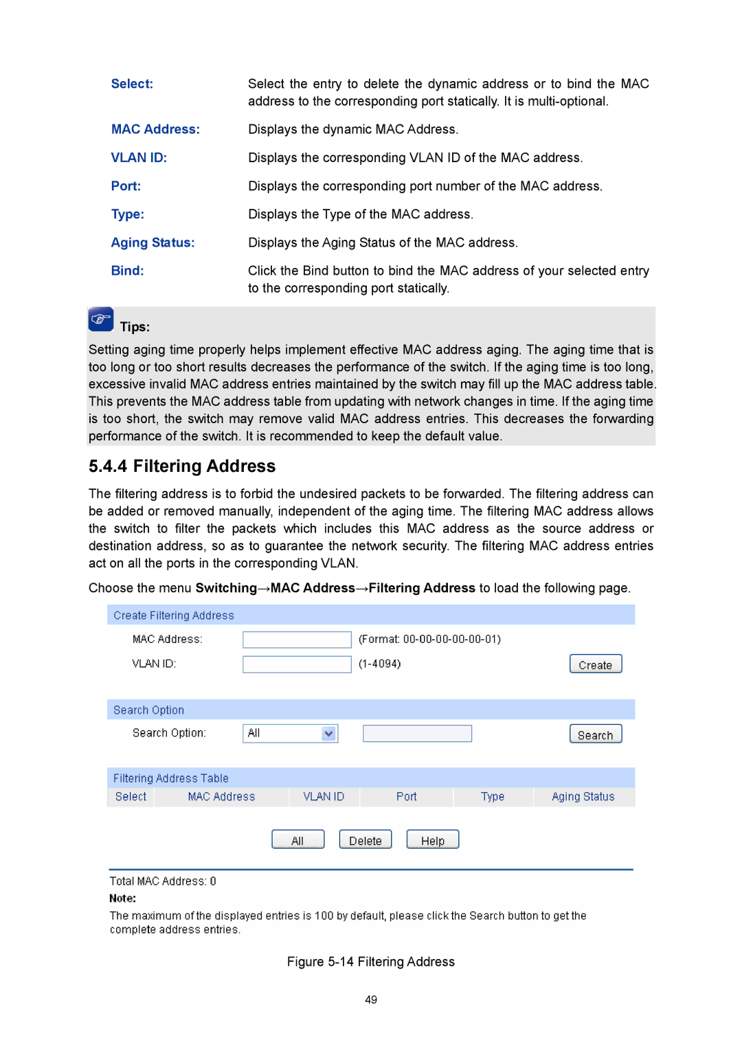 TP-Link TL-SL5428E manual Filtering Address, Bind 