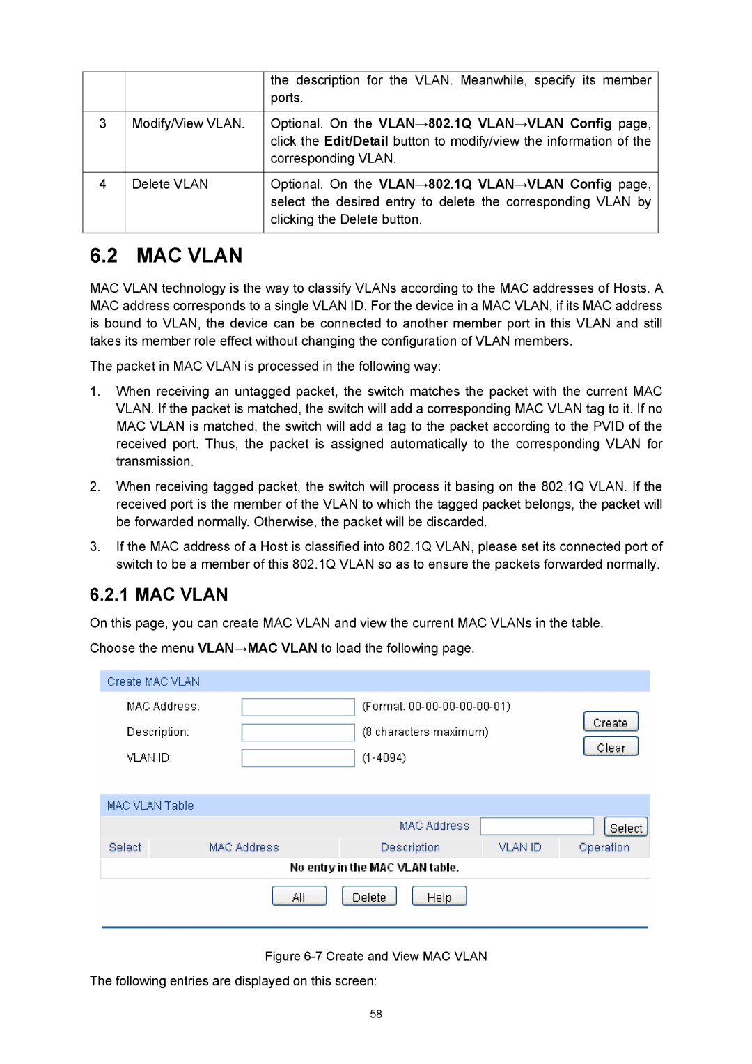 TP-Link TL-SL5428E manual MAC Vlan, Optional. On the VLAN→802.1Q VLAN→VLAN Config 