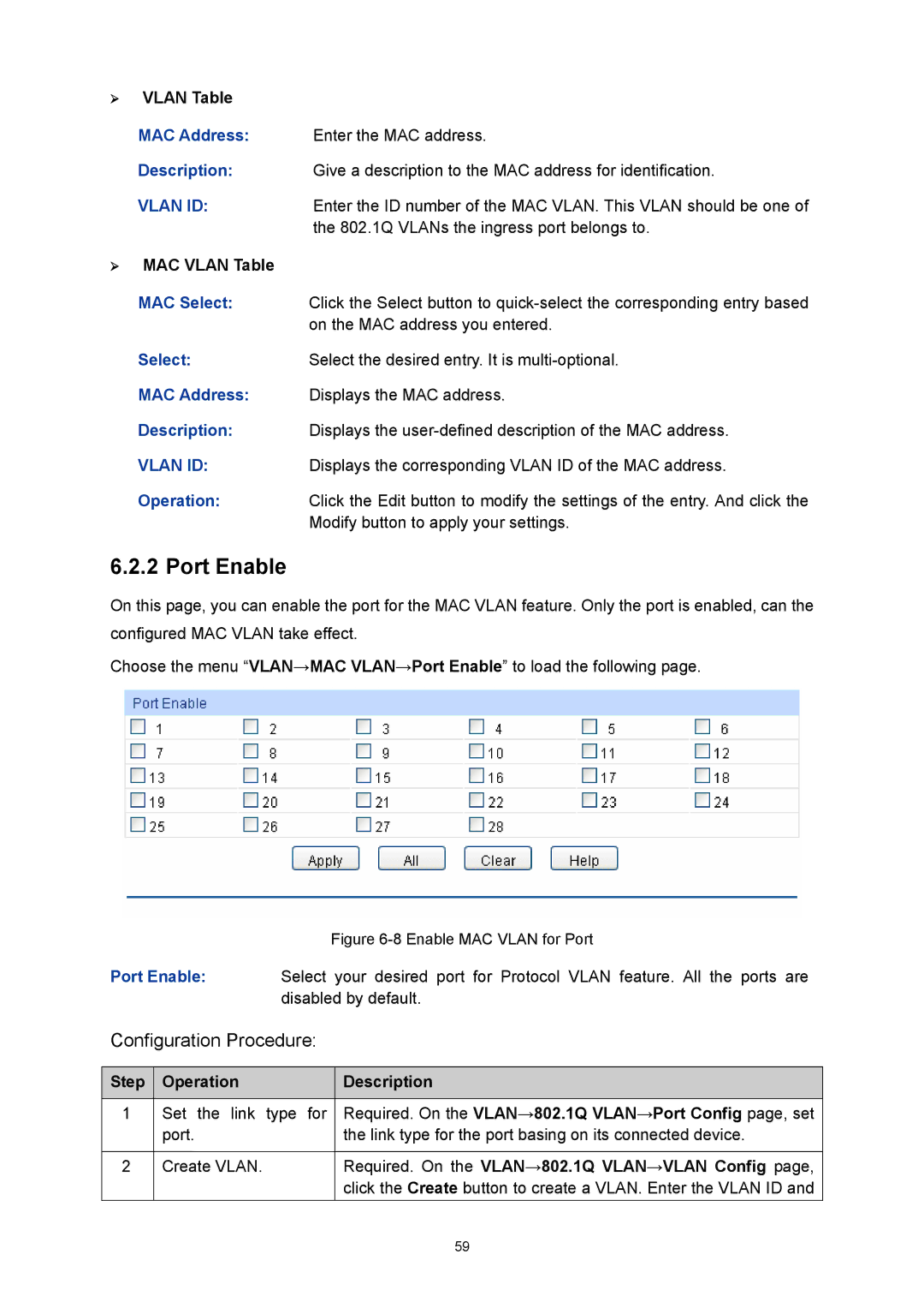 TP-Link TL-SL5428E manual Port Enable, ¾ MAC Vlan Table, MAC Select 