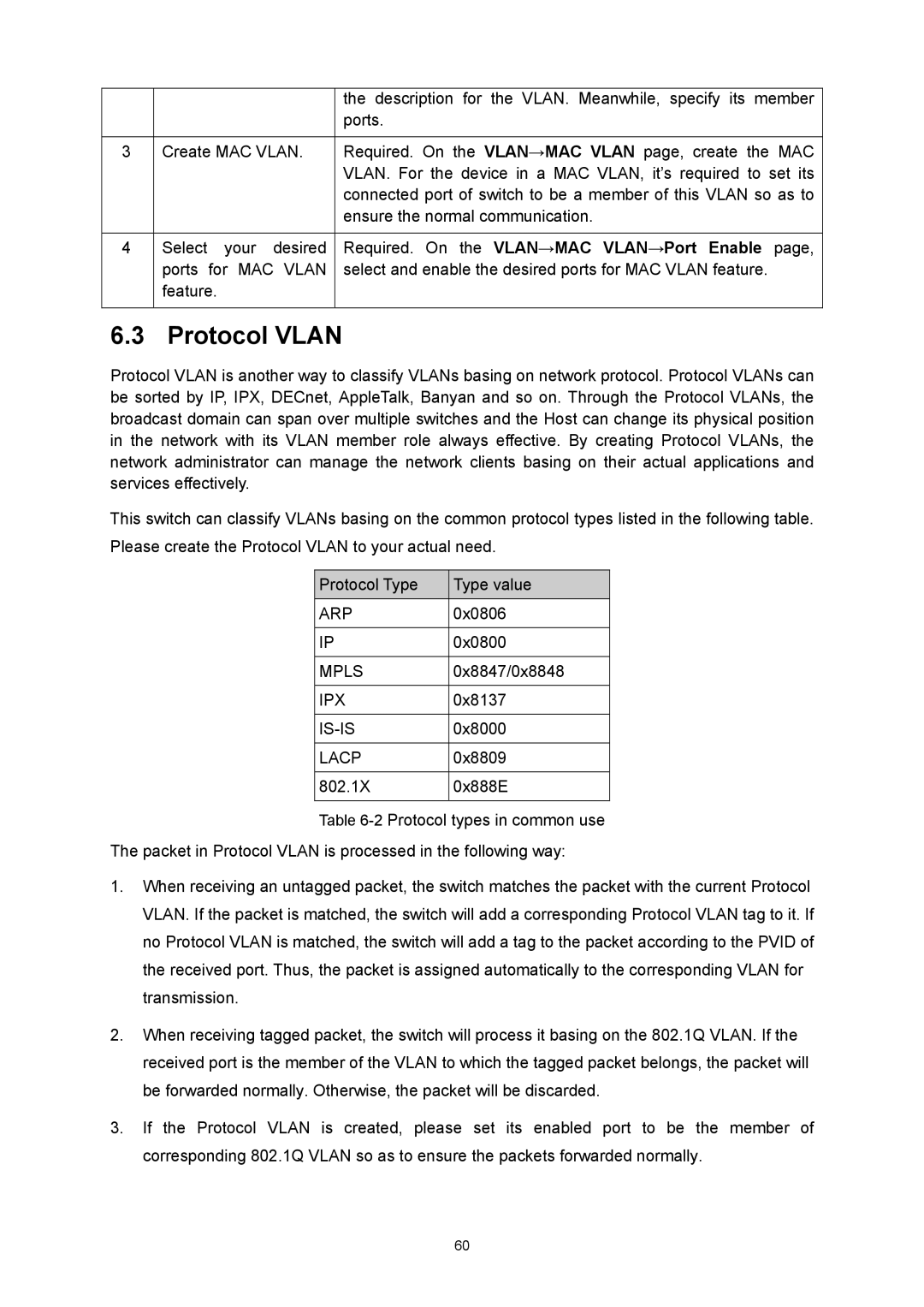 TP-Link TL-SL5428E manual Protocol Vlan, Required. On the VLAN→MAC VLAN→Port Enable 