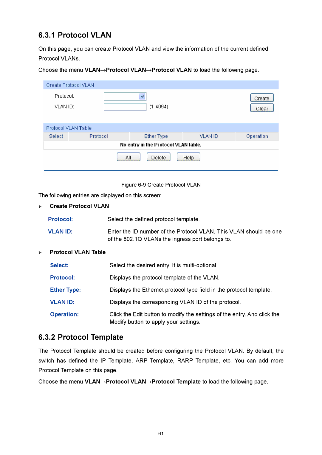 TP-Link TL-SL5428E manual Protocol Template, ¾ Create Protocol Vlan, ¾ Protocol Vlan Table, Ether Type 