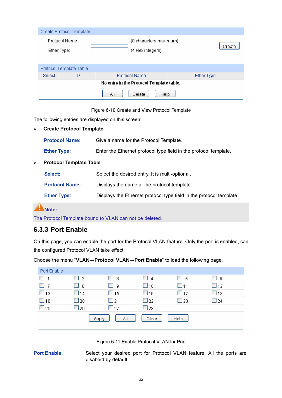 TP-Link TL-SL5428E manual ¾ Create Protocol Template, ¾ Protocol Template Table 