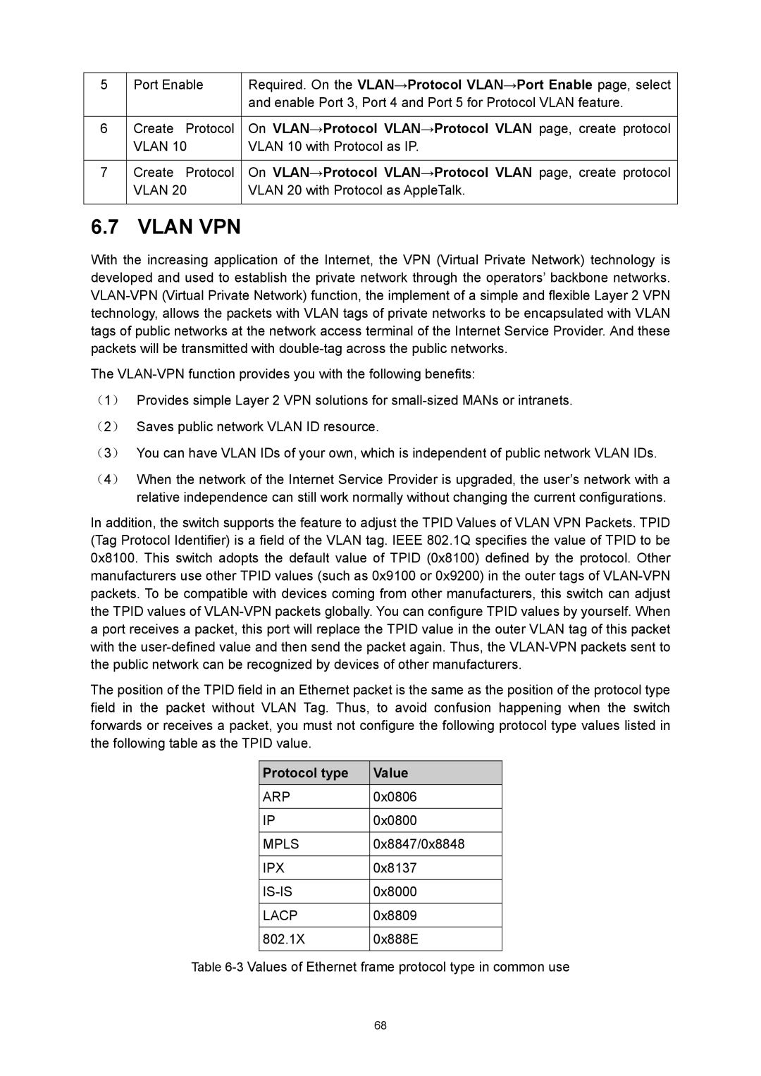 TP-Link TL-SL5428E manual On VLAN→Protocol VLAN→Protocol Vlan page, create protocol, Protocol type Value 