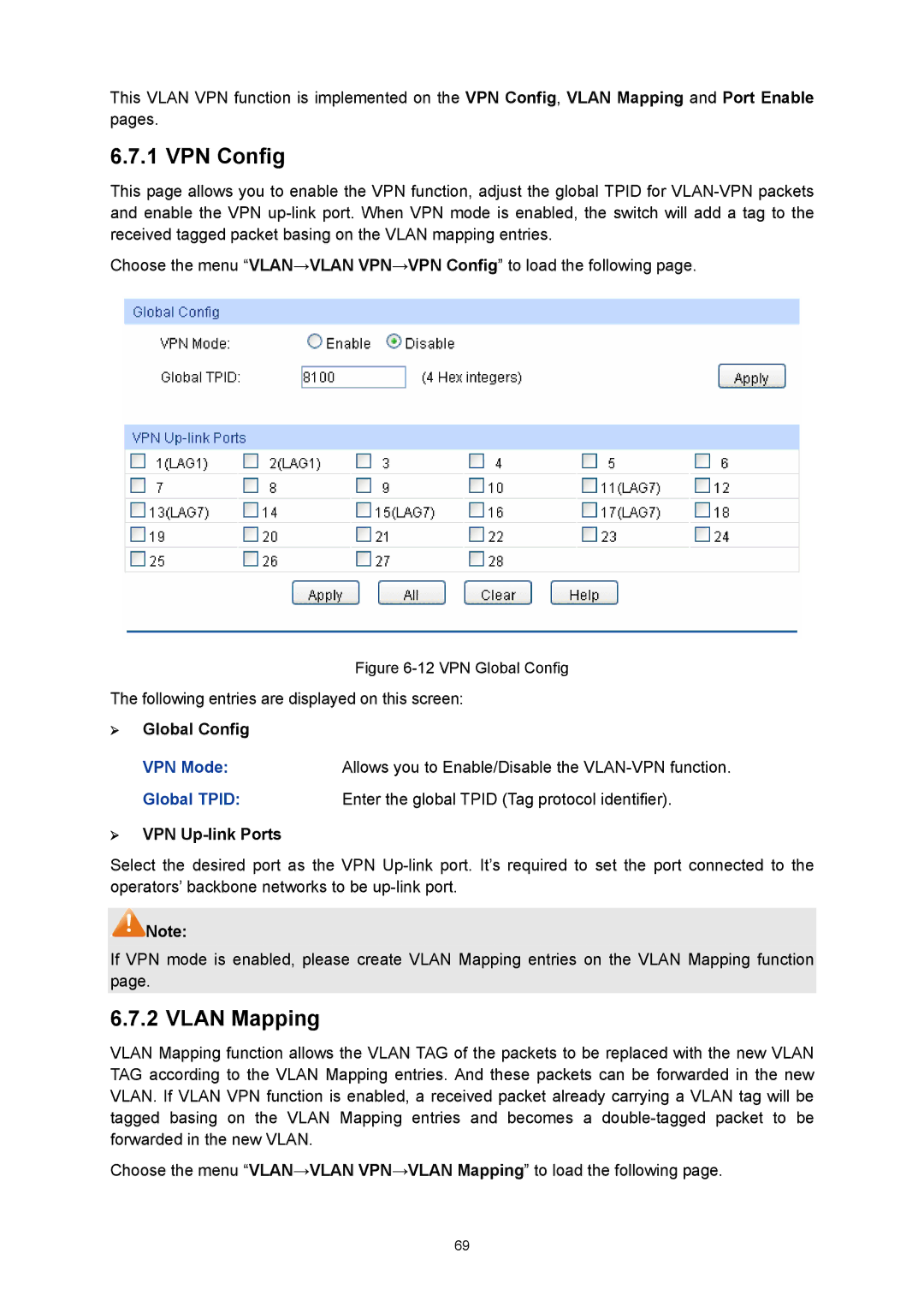 TP-Link TL-SL5428E manual VPN Config, Vlan Mapping, ¾ VPN Up-link Ports 