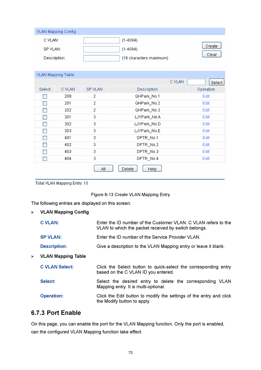 TP-Link TL-SL5428E manual ¾ Vlan Mapping Config, ¾ Vlan Mapping Table 