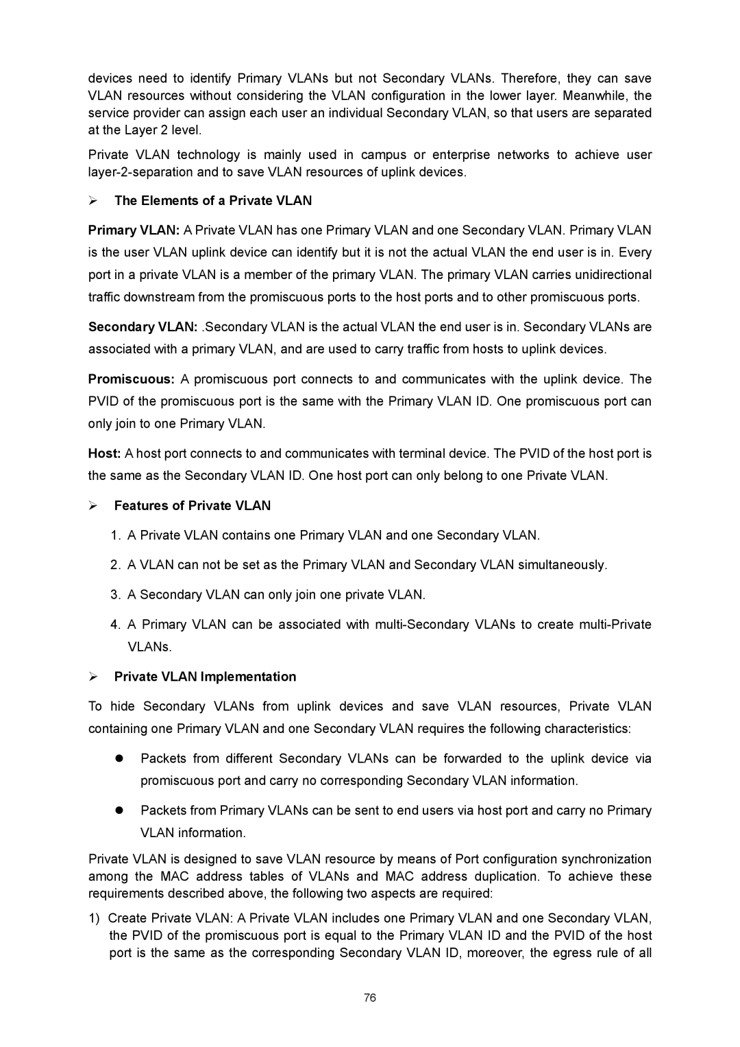 TP-Link TL-SL5428E manual ¾ The Elements of a Private Vlan, ¾ Features of Private Vlan, ¾ Private Vlan Implementation 