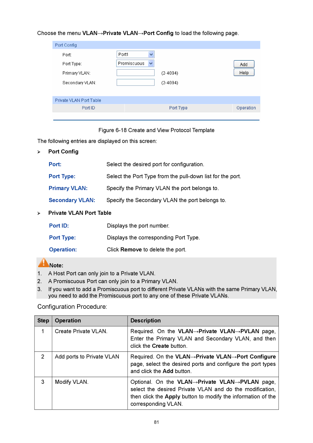 TP-Link TL-SL5428E manual Port Select the desired port for configuration Port Type, ¾ Private Vlan Port Table 