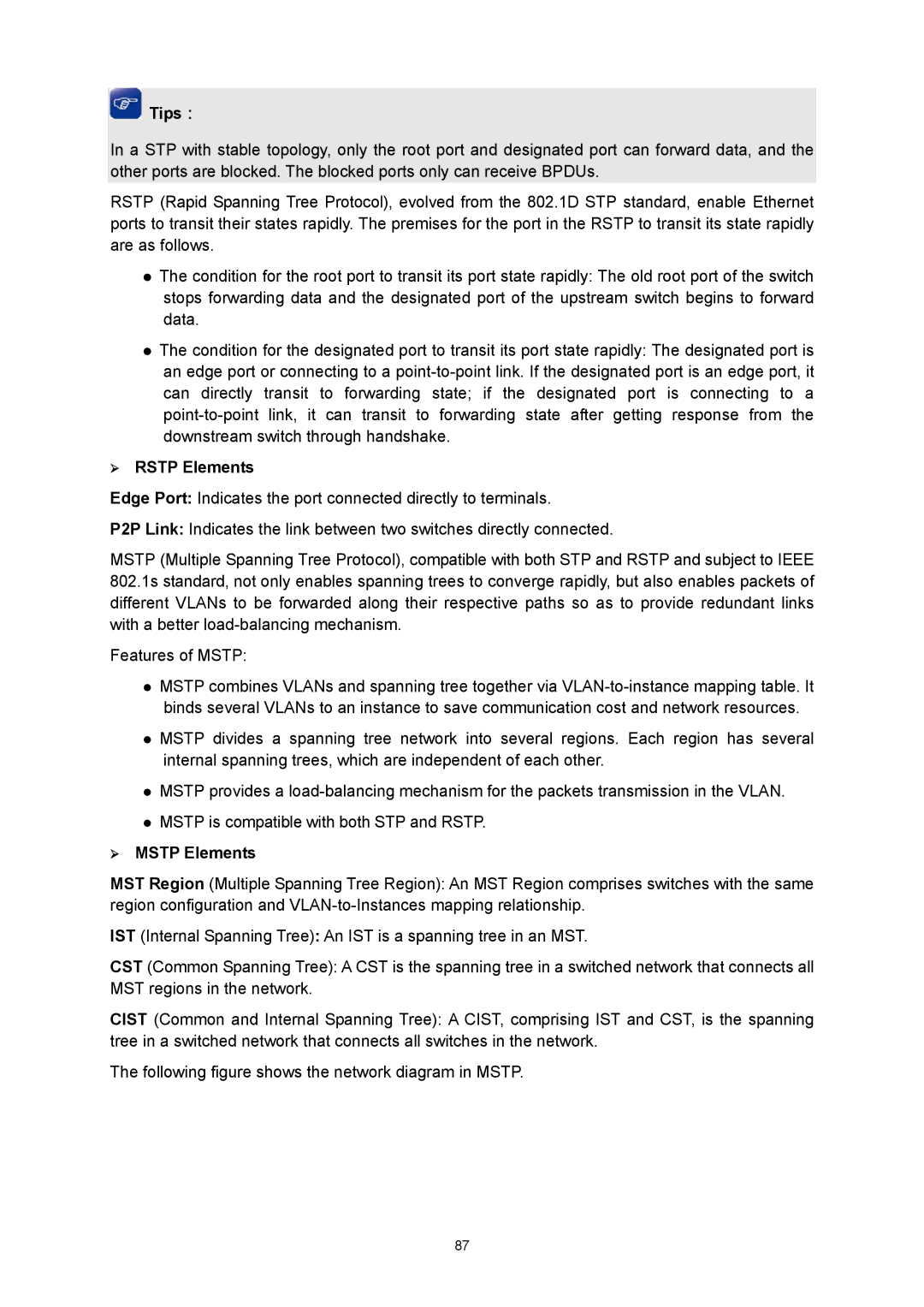 TP-Link TL-SL5428E manual Tips：, ¾ Rstp Elements, ¾ Mstp Elements 