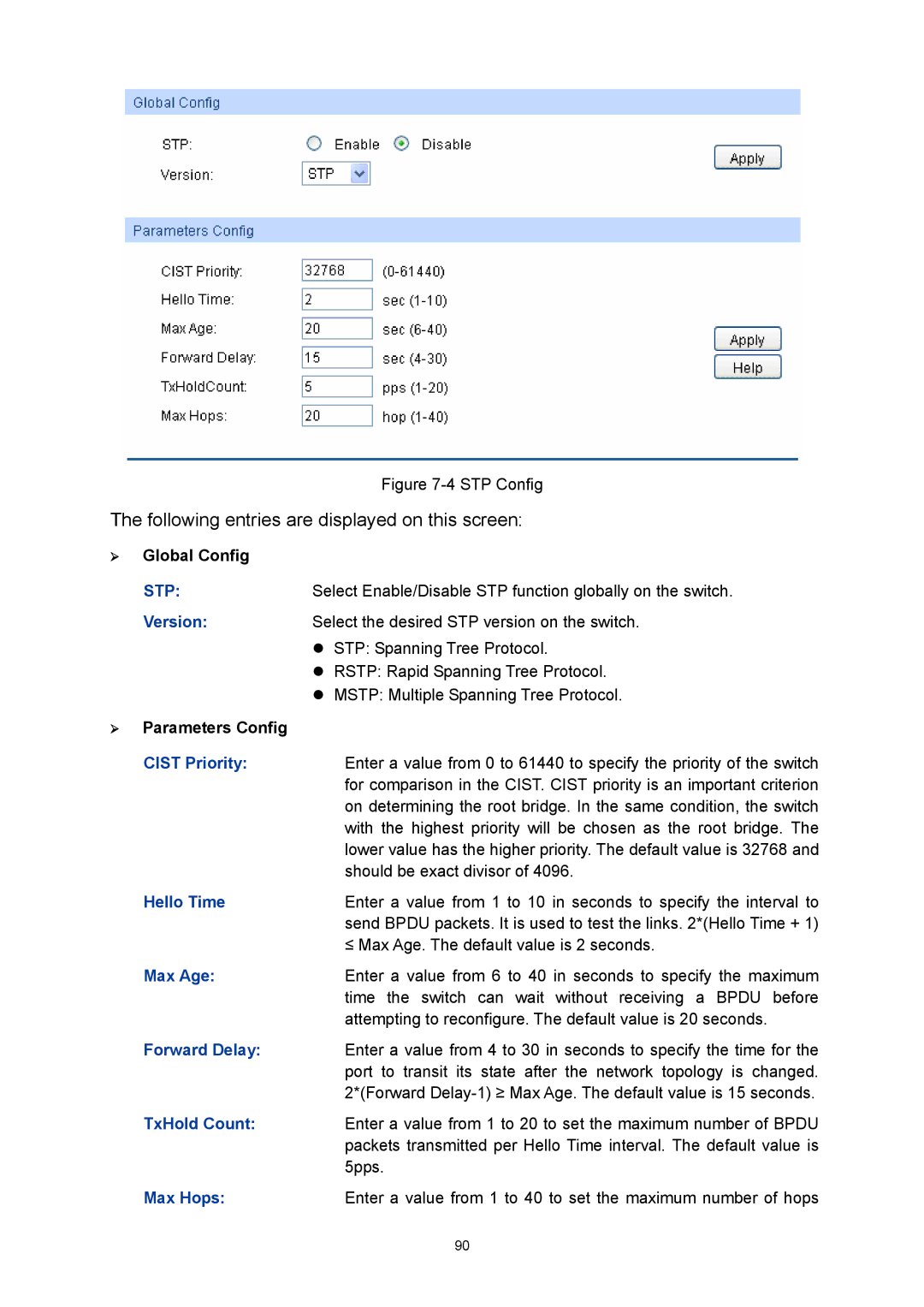 TP-Link TL-SL5428E manual Version, Hello Time, Max Age, Forward Delay, TxHold Count, Max Hops 